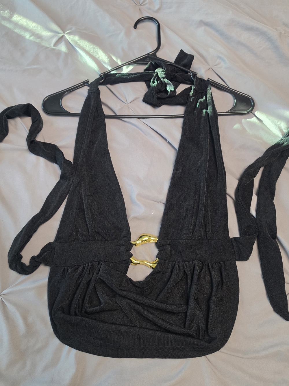Black Halter Crop Top with Gold Ring Detail